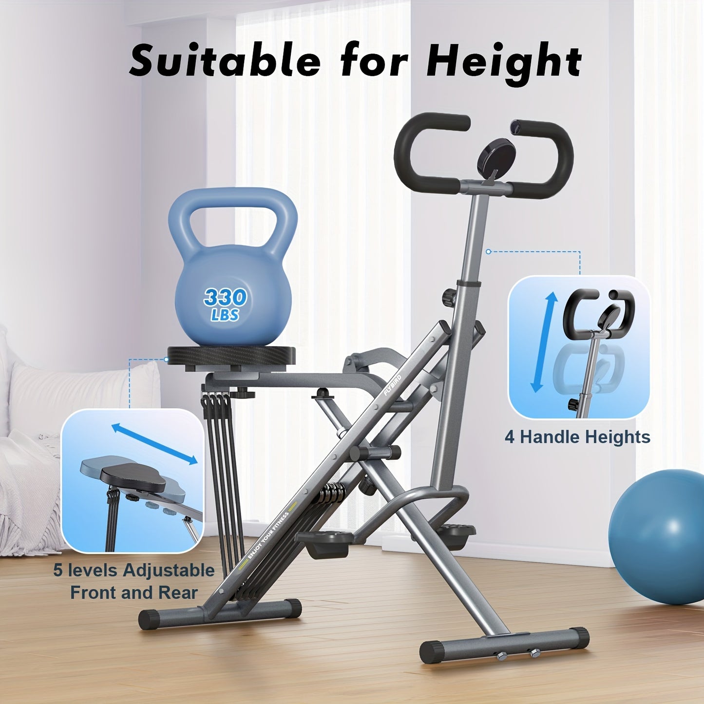 Foldable Squat & Core Exercise Machine with 4 Adjustable Resistance Bands, 330 lbs Capacity – Home Gym Equipment for Glutes, Thighs, and Full-Body Workouts, Gray Metal Frame, Gym Accessories
