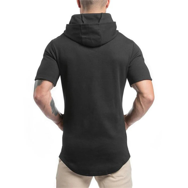 Gym Bodybuilding Fashion Hooded T-Shirt Mens Sport Short Sleeve Fitness Muscle Shirt Slim Fit Cotton Breathable Workout Hoodie