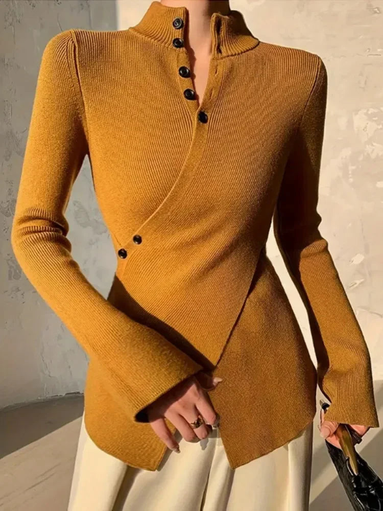 Gymystars V-neck Sweater Women's Skinny Knitted T-shirt 2025 New Solid Color Asymmetric Long Sleeves Elegant Pullovers Female