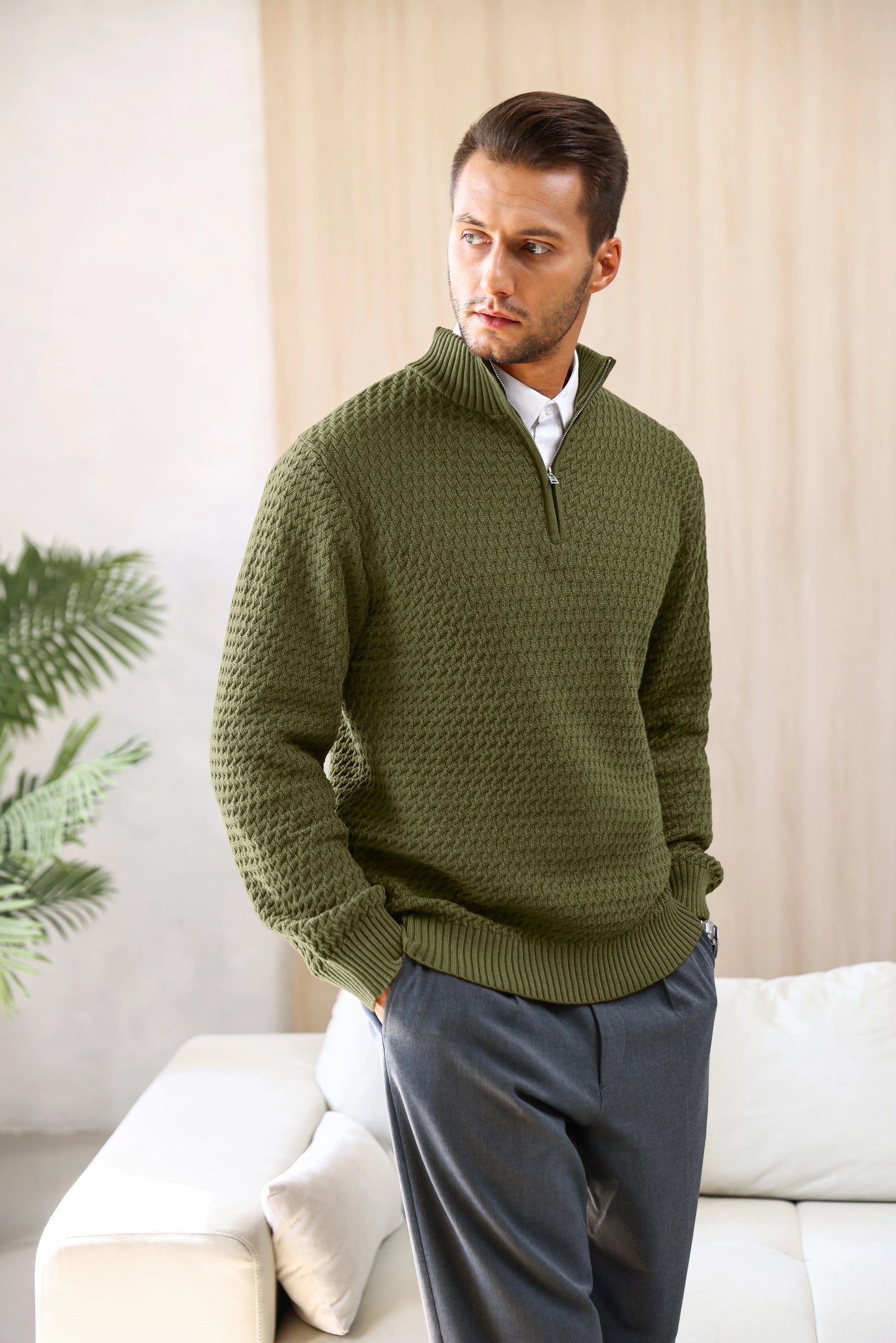 Men's Sweater Winter Casual Knitted Zip Sweater Mock Neck Pullover Ribbed Knit Casual Pure Color Soft Sweaters US Size