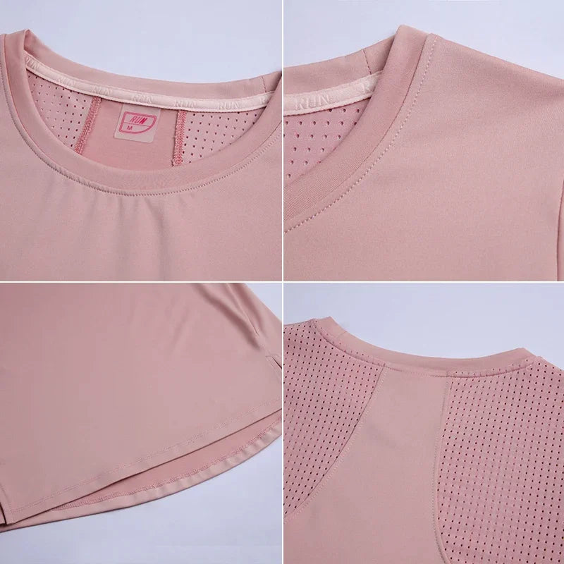 Women Gym Jogging Top Fitness Quick Dry Yoga Shirts Short Sleeve Mesh Athletic Shirt Outdoor Running Sporting Sweat Suits Pink