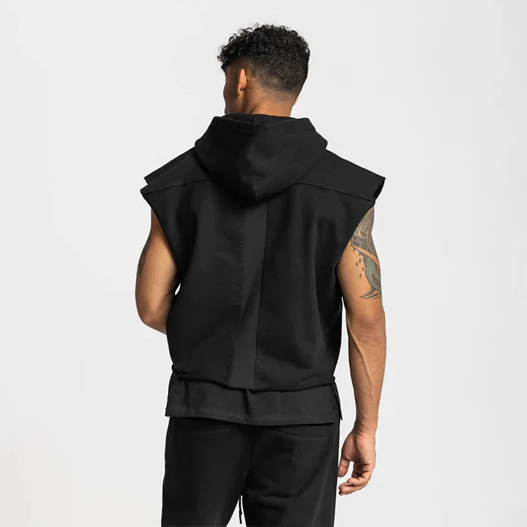 Gyms Mens Multi-pocket Bodybuilding Cotton Sleeveless Hooded Casual Biker Vest Sweatshirt Fitness Workout Sportswear Tops Male
