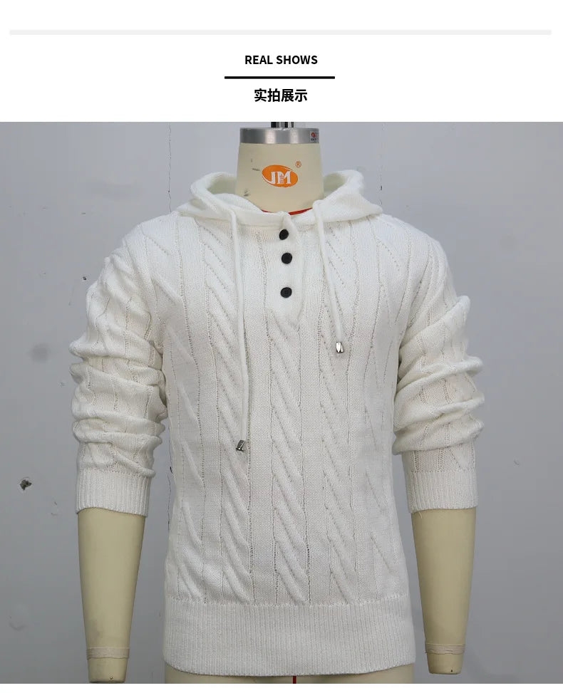 Men Sweatshirts Pullovers Sweaters Solid Casual Loose Splice Hooded Knitted Drawstring Regular Thick Warm Tops Autumn Winter