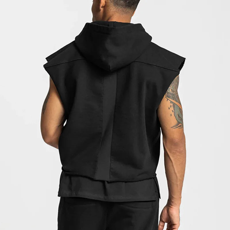 Gyms Mens Multi-pocket Bodybuilding Cotton Sleeveless Hooded Casual Biker Vest Sweatshirt Fitness Workout Sportswear Tops Male