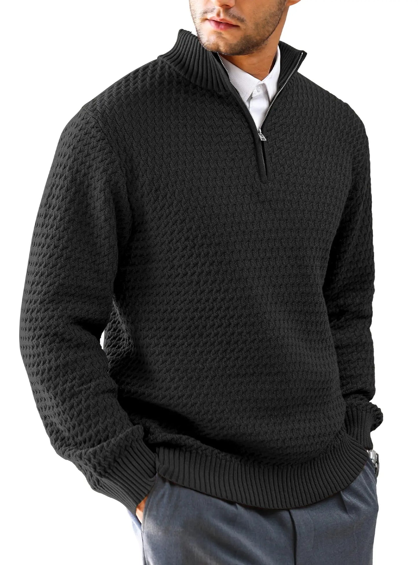 Men's Sweater Winter Casual Knitted Zip Sweater Mock Neck Pullover Ribbed Knit Casual Pure Color Soft Sweaters US Size