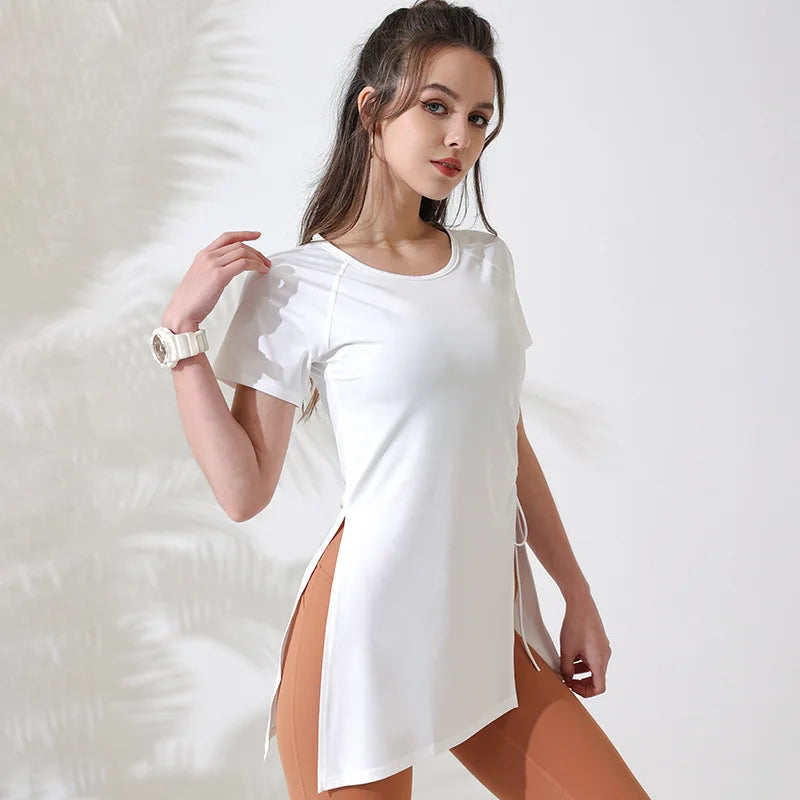 Women Workout Shirts Short Sleeve Yoga Top Gym Long Shirts Side Drawstring Split Sports Top Female Breathable Fitness Yoga Wear