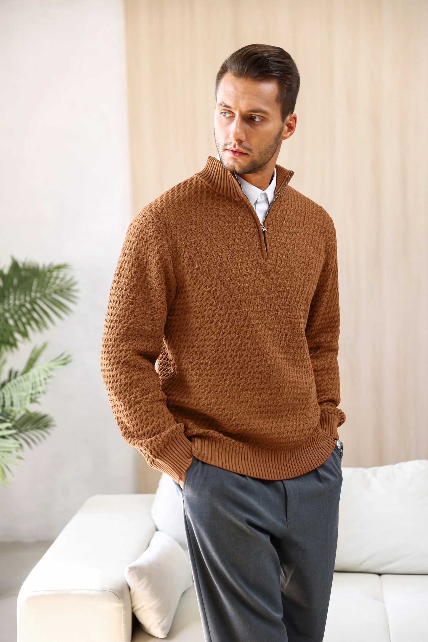 Men's Sweater Winter Casual Knitted Zip Sweater Mock Neck Pullover Ribbed Knit Casual Pure Color Soft Sweaters US Size
