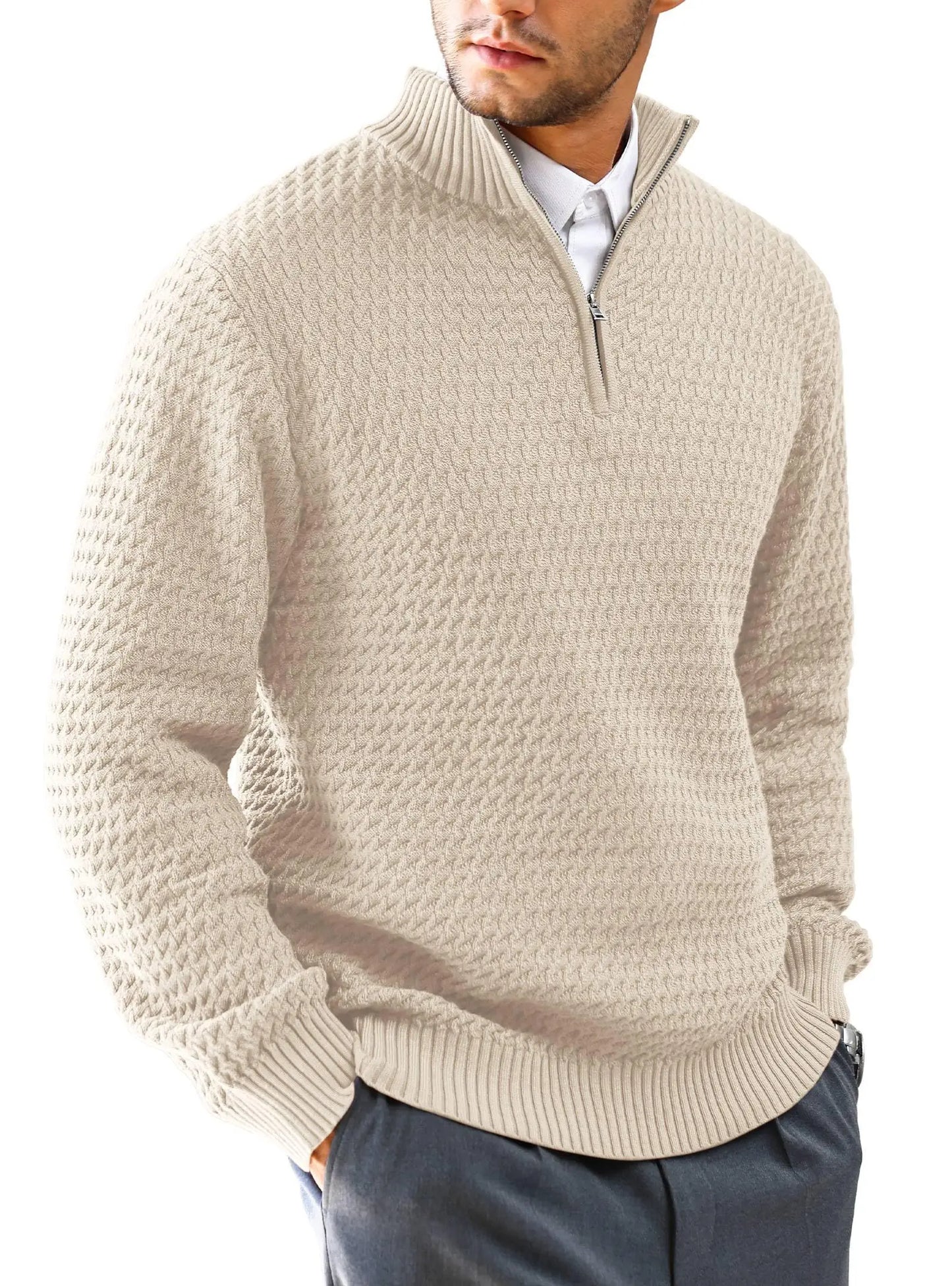 Men's Sweater Winter Casual Knitted Zip Sweater Mock Neck Pullover Ribbed Knit Casual Pure Color Soft Sweaters US Size