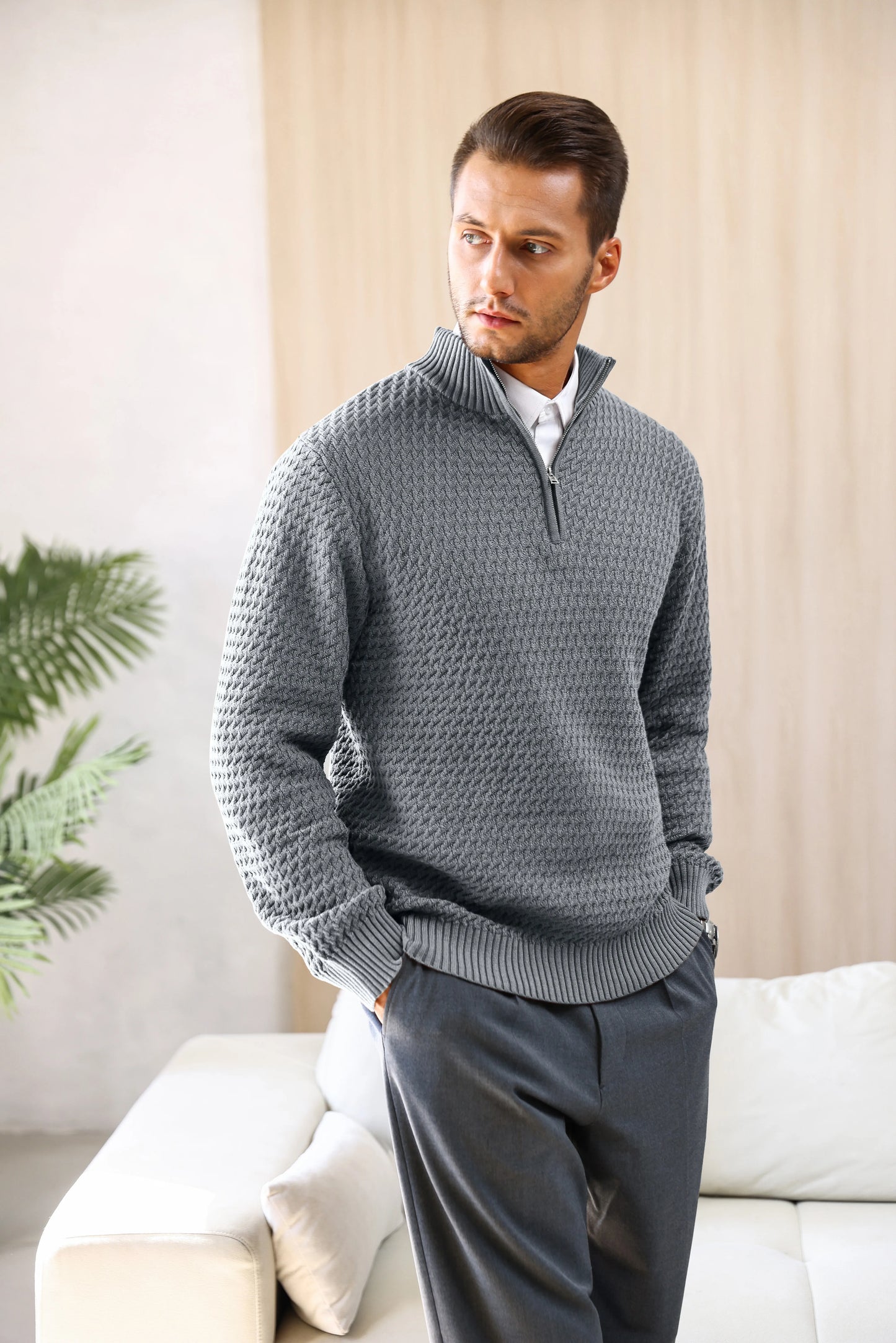 Men's Sweater Winter Casual Knitted Zip Sweater Mock Neck Pullover Ribbed Knit Casual Pure Color Soft Sweaters US Size