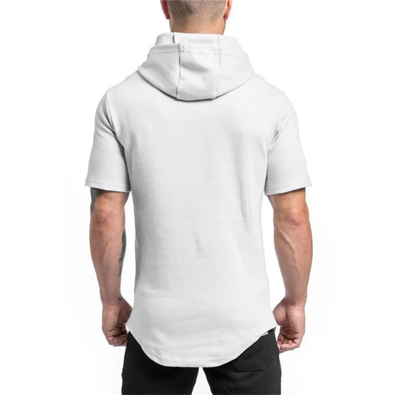 Gym Bodybuilding Fashion Hooded T-Shirt Mens Sport Short Sleeve Fitness Muscle Shirt Slim Fit Cotton Breathable Workout Hoodie