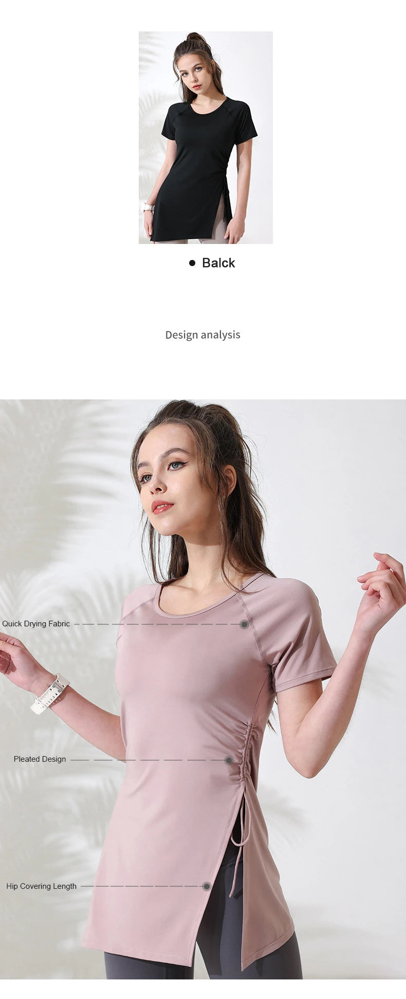 Women Workout Shirts Short Sleeve Yoga Top Gym Long Shirts Side Drawstring Split Sports Top Female Breathable Fitness Yoga Wear