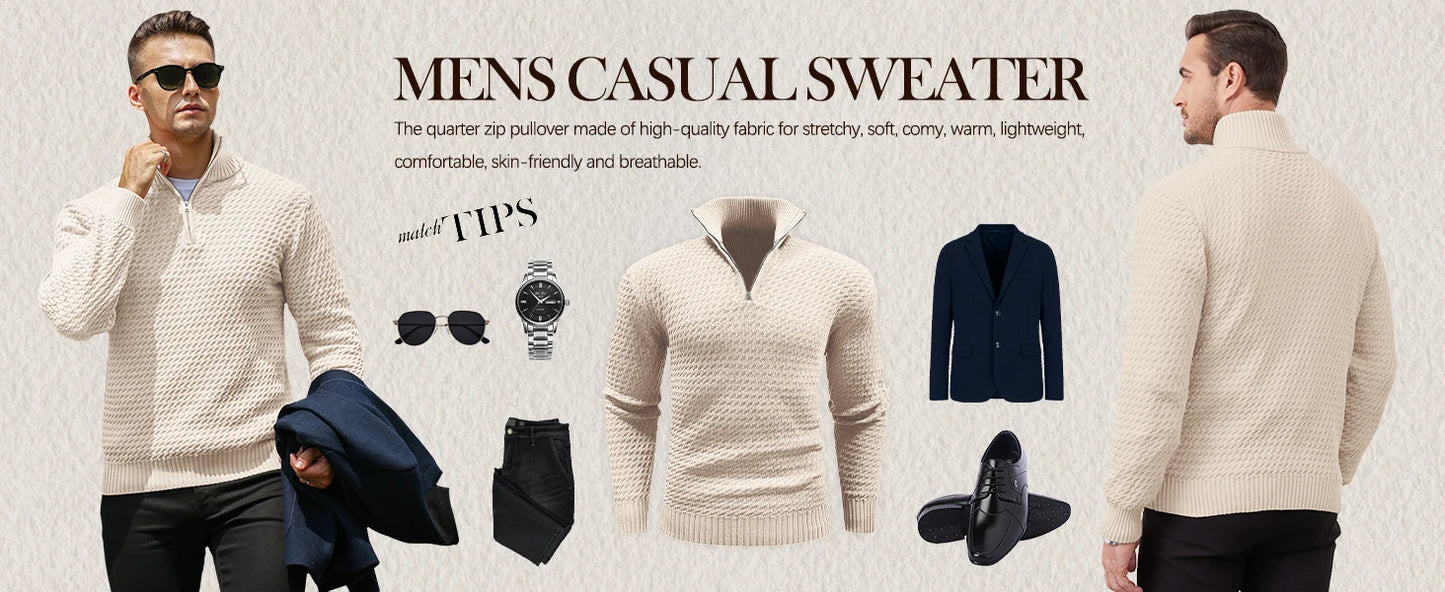 Men's Sweater Winter Casual Knitted Zip Sweater Mock Neck Pullover Ribbed Knit Casual Pure Color Soft Sweaters US Size