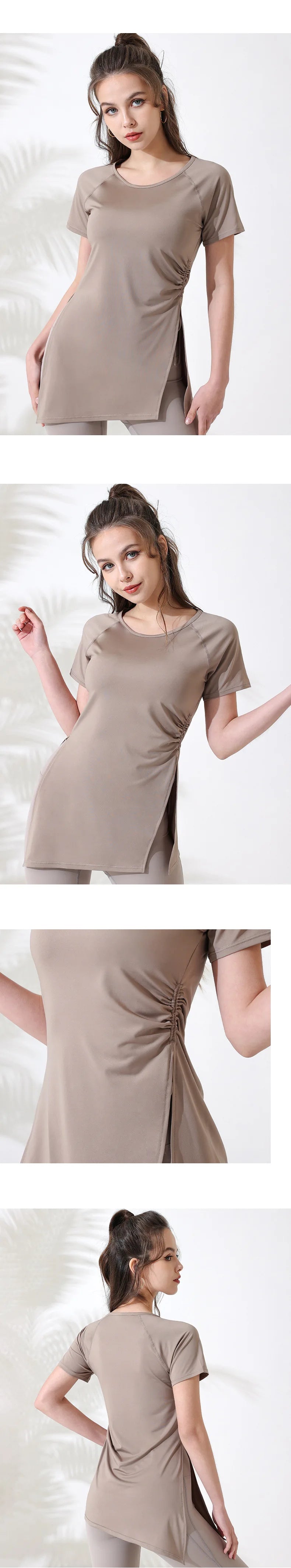 Women Workout Shirts Short Sleeve Yoga Top Gym Long Shirts Side Drawstring Split Sports Top Female Breathable Fitness Yoga Wear