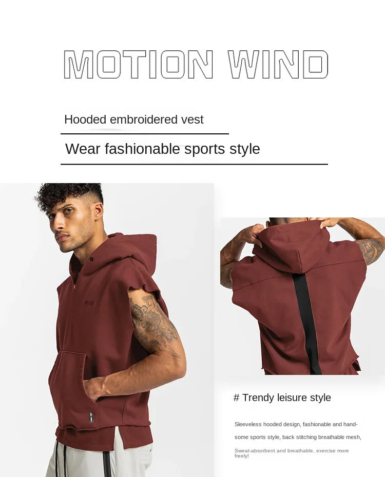 Gyms Mens Multi-pocket Bodybuilding Cotton Sleeveless Hooded Casual Biker Vest Sweatshirt Fitness Workout Sportswear Tops Male
