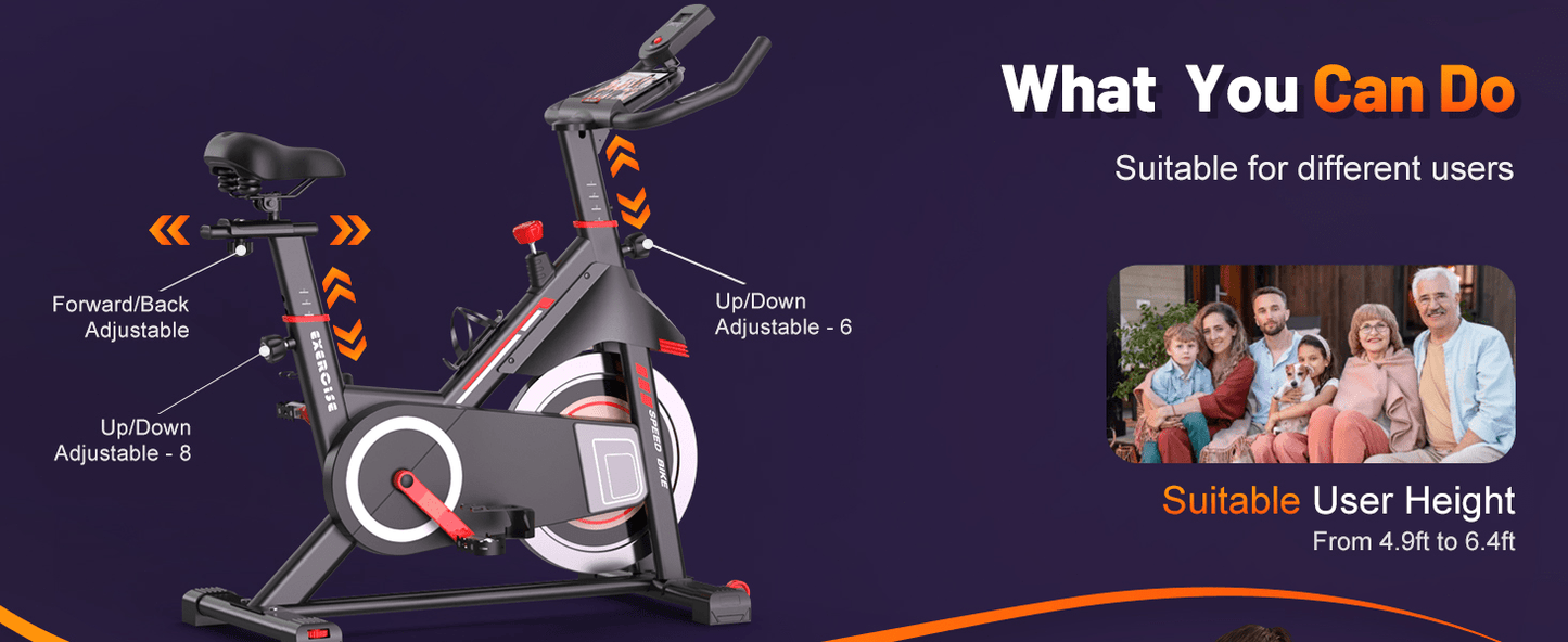 Exercise Bike Stationary Bikes for Home Spin Bike Heavy-Duty Steel Frame Adjustable Resistance Ipad Mount & LCD Monitor with Pulse Indoor Cycling Bike Home Gym Equipment for Height 4.9-6.4 FT