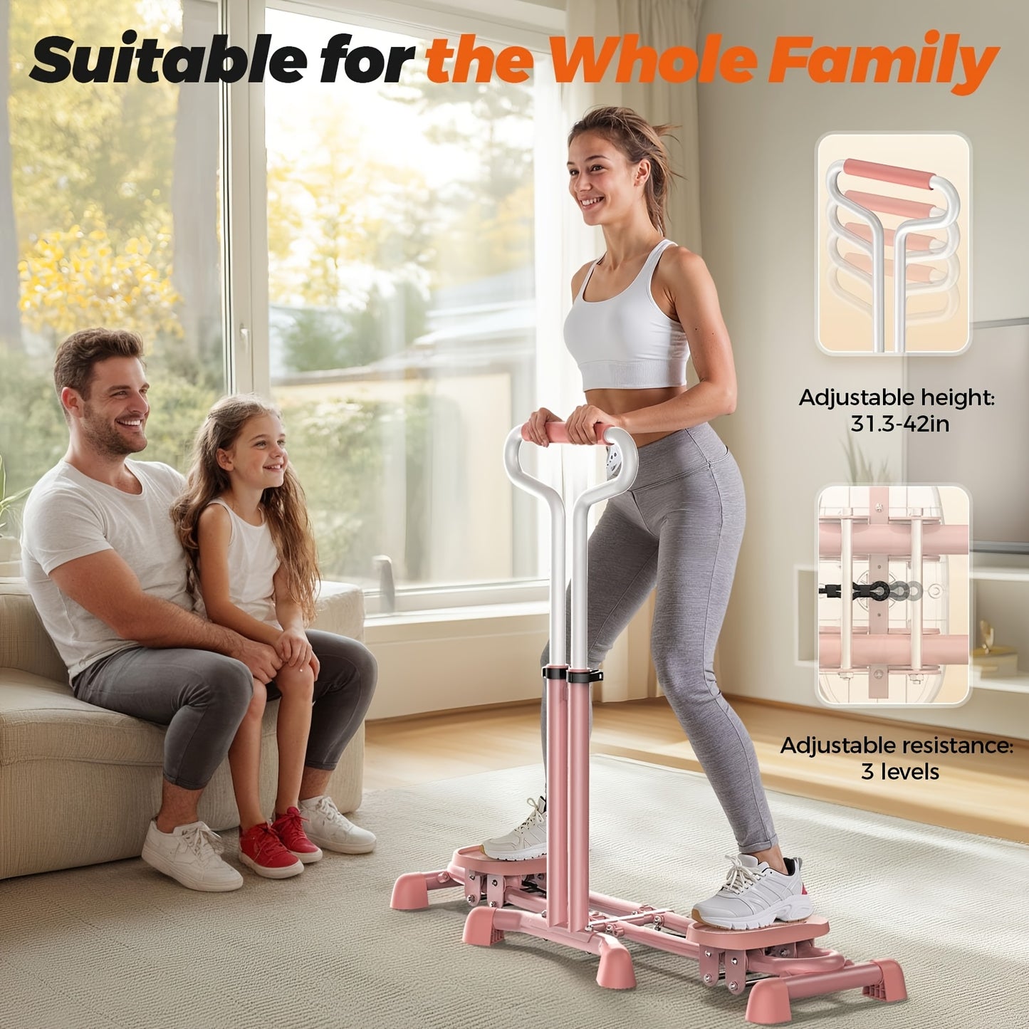 Sportsroyals Pink Ski Stepper Trainer, 300lb Load Capacity - Fun Cardio & Full Body Aerobic Exercise Machine for Home Gym, Ideal Christmas Gift for Women, Home Gym Equipment|Dual Handlebars|Adjustable Resistance Levels, Gym A