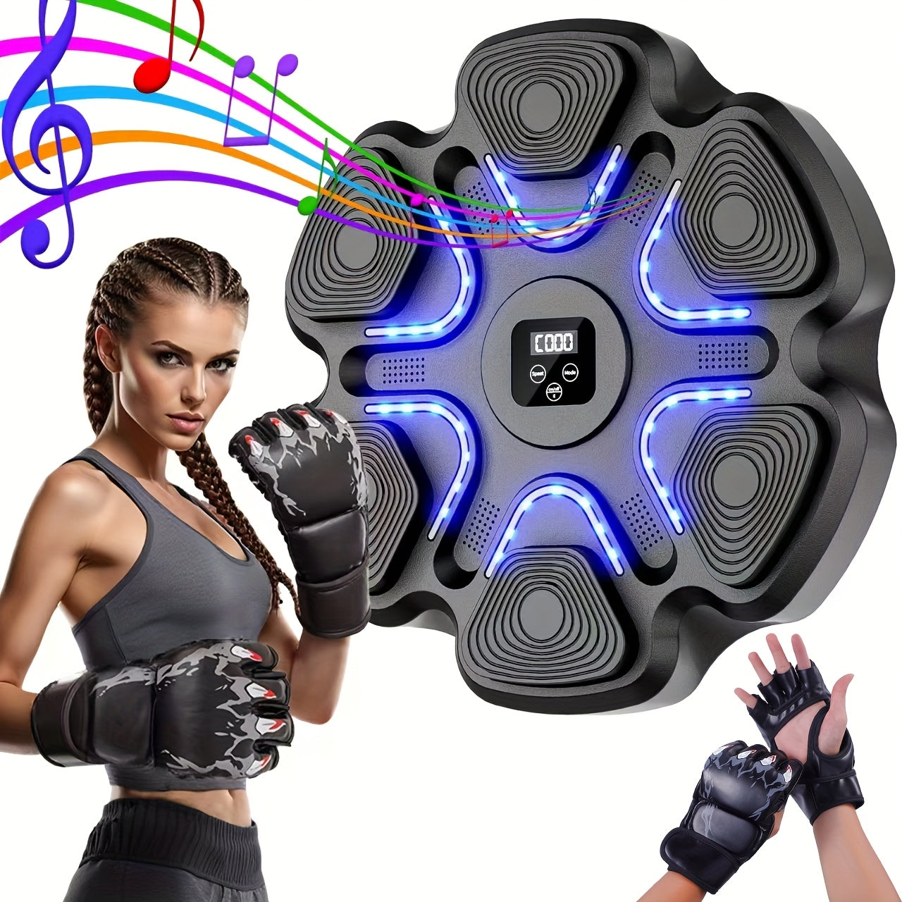 Wall-Mounted Music Boxing Trainer with LED Lights & Gloves – Adjustable Home Gym Equipment for Adults, Family Fitness, and Relax