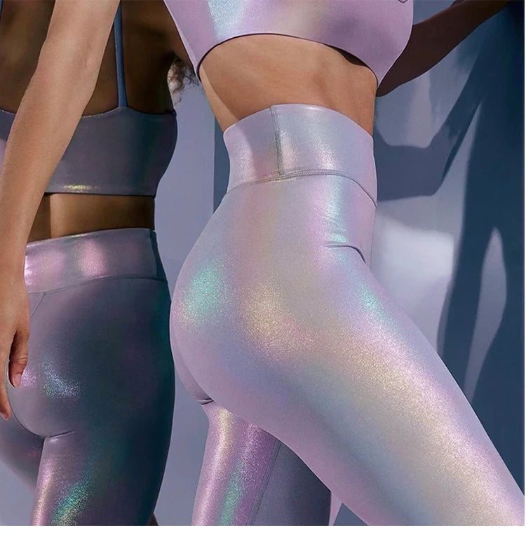 Tiktokleggings Women Shiny Sport Leggings High Rise Stretchy  Gym Wears Compressive Breathable Push Up Iridescent Activewears