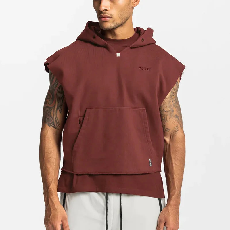 Gyms Mens Multi-pocket Bodybuilding Cotton Sleeveless Hooded Casual Biker Vest Sweatshirt Fitness Workout Sportswear Tops Male
