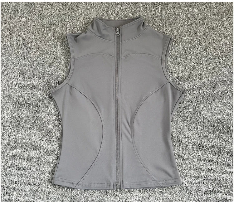 Women's Slim Fit Sport Sleeveless Top Quick Dry Elastic Stand Collar Yoga Fitness Clothing Summer Zipper