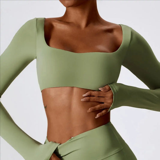 SHINBENE High Elastic Fitness Crop Top Women Long Sleeve Square Neck Top Padded Workout Yoga Tight Tops 5.0 (3 reviews) 1 sold