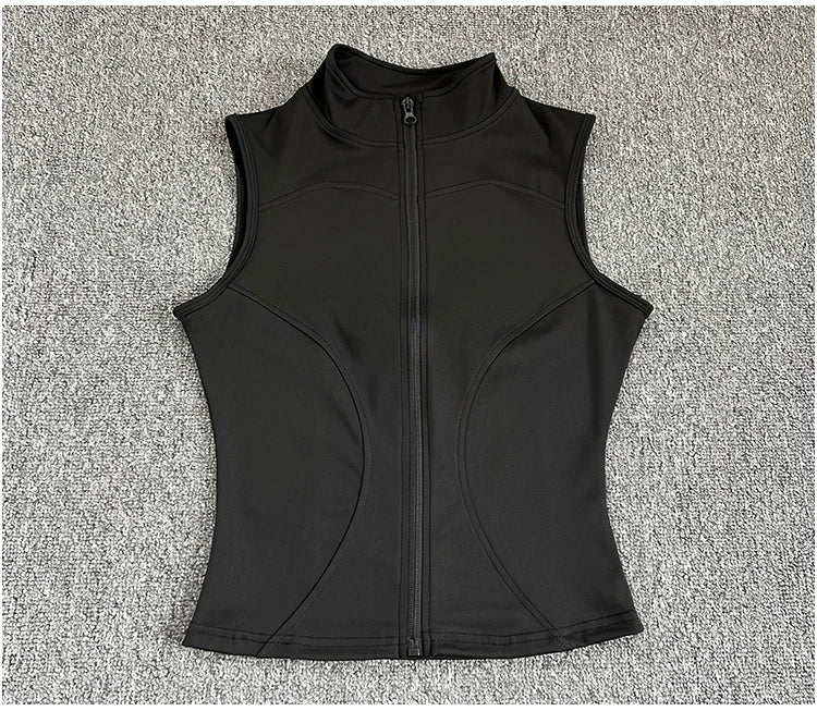 Women's Slim Fit Sport Sleeveless Top Quick Dry Elastic Stand Collar Yoga Fitness Clothing Summer Zipper