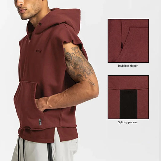 Gyms Mens Multi-pocket Bodybuilding Cotton Sleeveless Hooded Casual Biker Vest Sweatshirt Fitness Workout Sportswear Tops Male