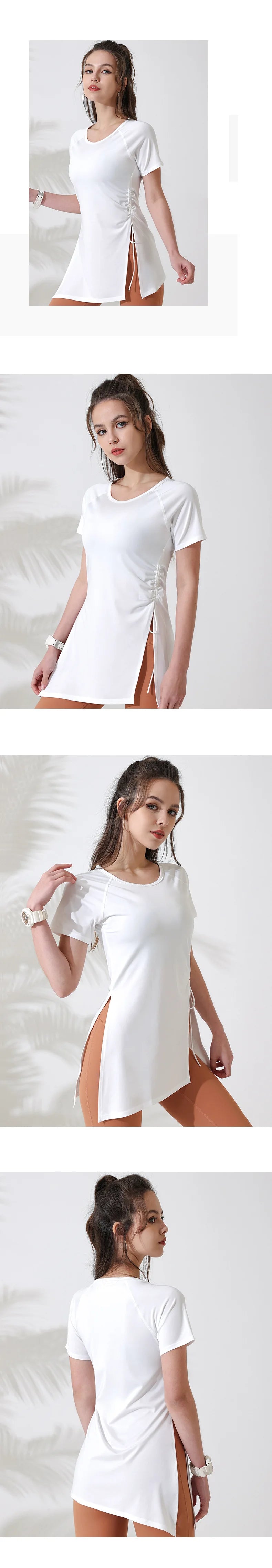 Women Workout Shirts Short Sleeve Yoga Top Gym Long Shirts Side Drawstring Split Sports Top Female Breathable Fitness Yoga Wear