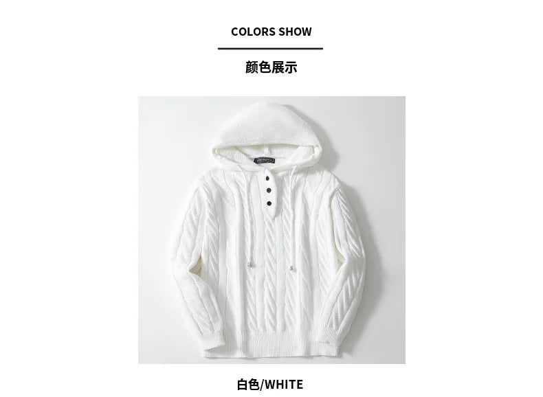 Men Sweatshirts Pullovers Sweaters Solid Casual Loose Splice Hooded Knitted Drawstring Regular Thick Warm Tops Autumn Winter