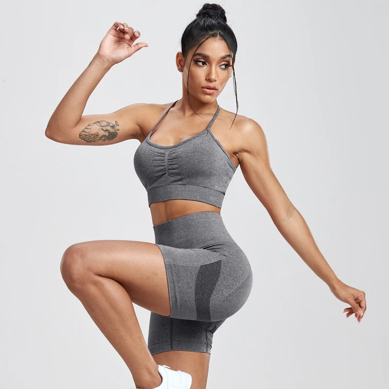Solid Women Two Piece Sets Peach Buttocks Shorts Female Trackuists Gym Set Halter Fitness Shorts Push Up Bra Summer