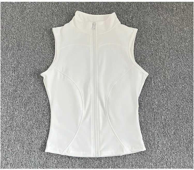 Women's Slim Fit Sport Sleeveless Top Quick Dry Elastic Stand Collar Yoga Fitness Clothing Summer Zipper