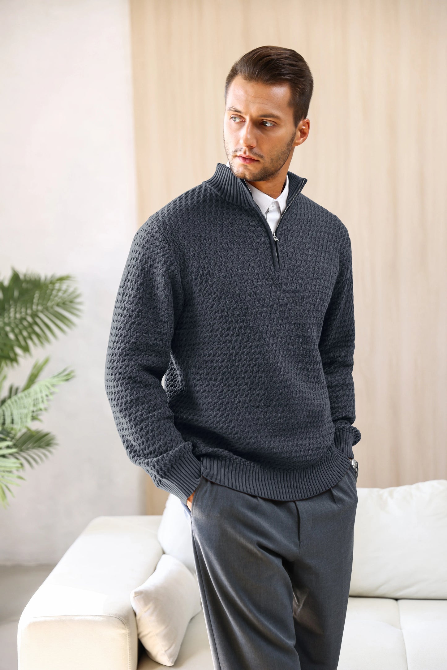 Men's Sweater Winter Casual Knitted Zip Sweater Mock Neck Pullover Ribbed Knit Casual Pure Color Soft Sweaters US Size