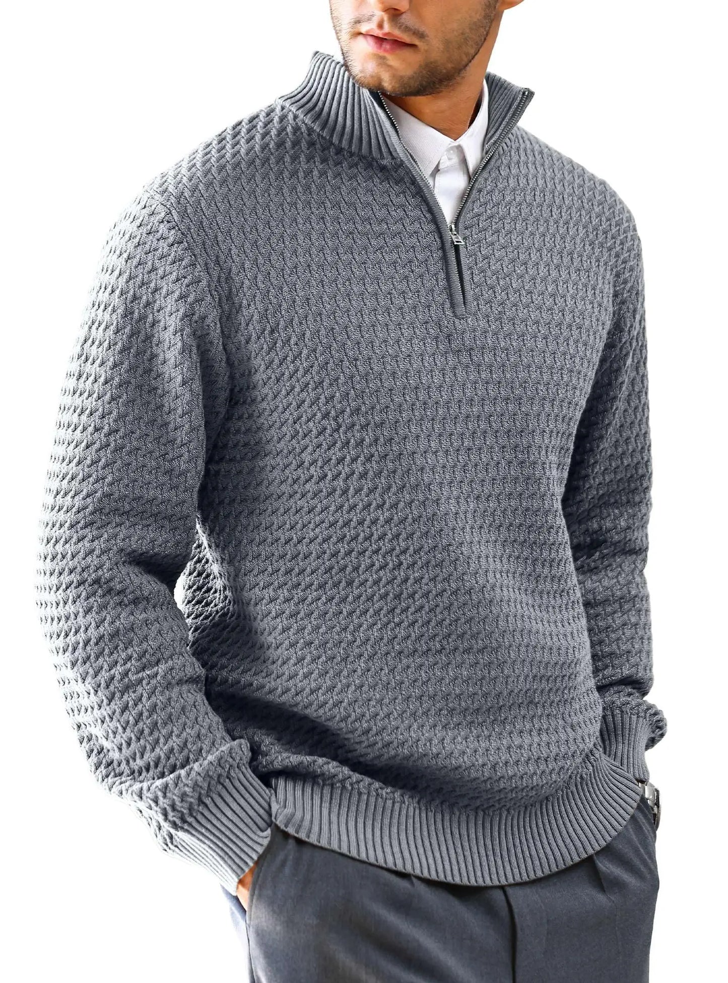 Men's Sweater Winter Casual Knitted Zip Sweater Mock Neck Pullover Ribbed Knit Casual Pure Color Soft Sweaters US Size