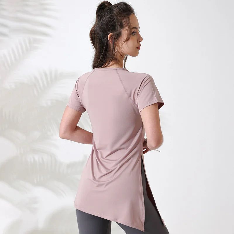 Women Workout Shirts Short Sleeve Yoga Top Gym Long Shirts Side Drawstring Split Sports Top Female Breathable Fitness Yoga Wear