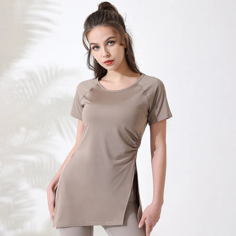 Women Workout Shirts Short Sleeve Yoga Top Gym Long Shirts Side Drawstring Split Sports Top Female Breathable Fitness Yoga Wear