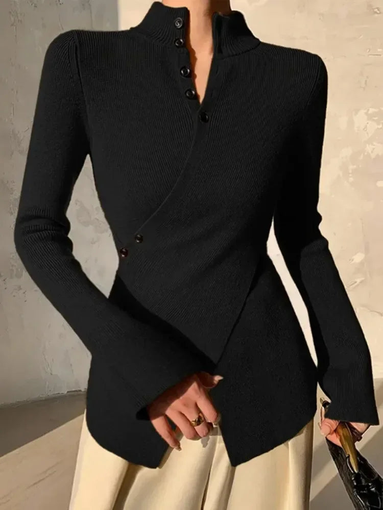 Gymystars V-neck Sweater Women's Skinny Knitted T-shirt 2025 New Solid Color Asymmetric Long Sleeves Elegant Pullovers Female