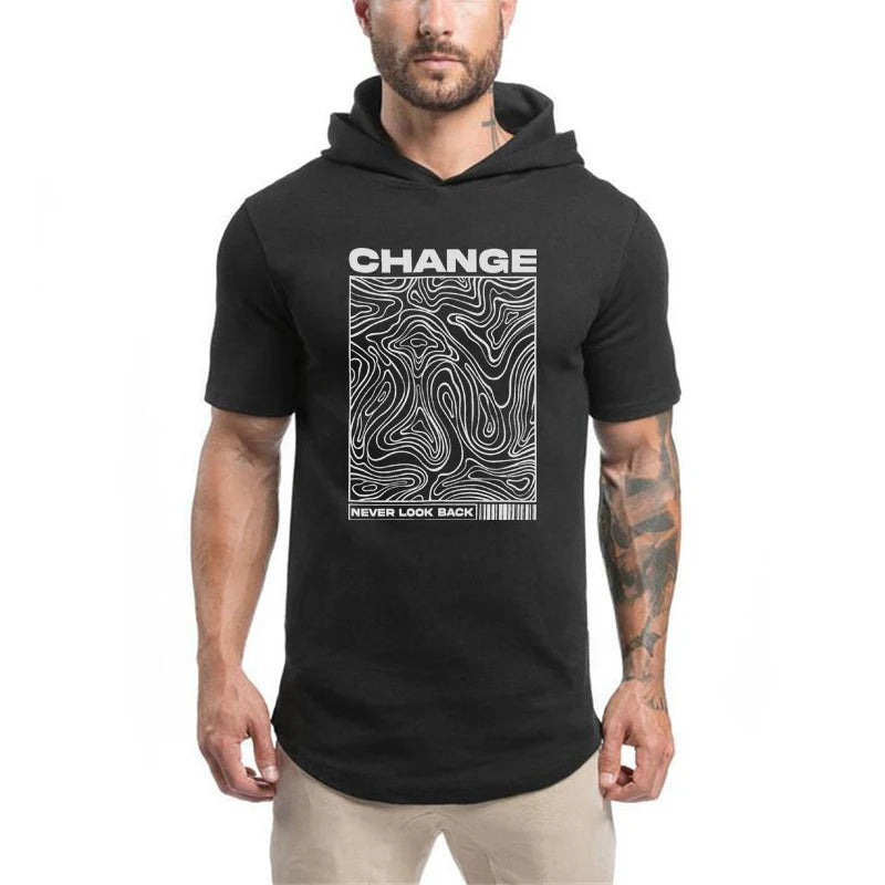 Gym Bodybuilding Fashion Hooded T-Shirt Mens Sport Short Sleeve Fitness Muscle Shirt Slim Fit Cotton Breathable Workout Hoodie