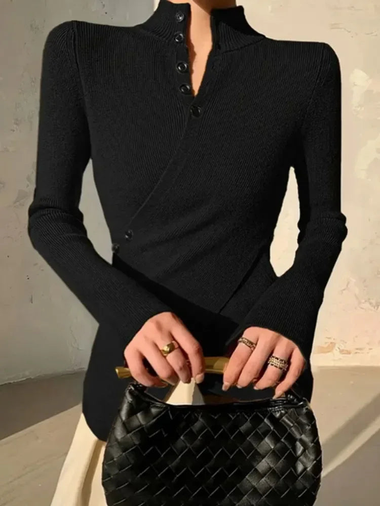 Gymystars V-neck Sweater Women's Skinny Knitted T-shirt 2025 New Solid Color Asymmetric Long Sleeves Elegant Pullovers Female