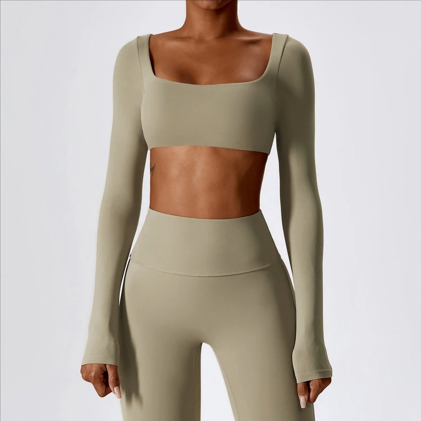 SHINBENE High Elastic Fitness Crop Top Women Long Sleeve Square Neck Top Padded Workout Yoga Tight Tops 5.0 (3 reviews) 1 sold