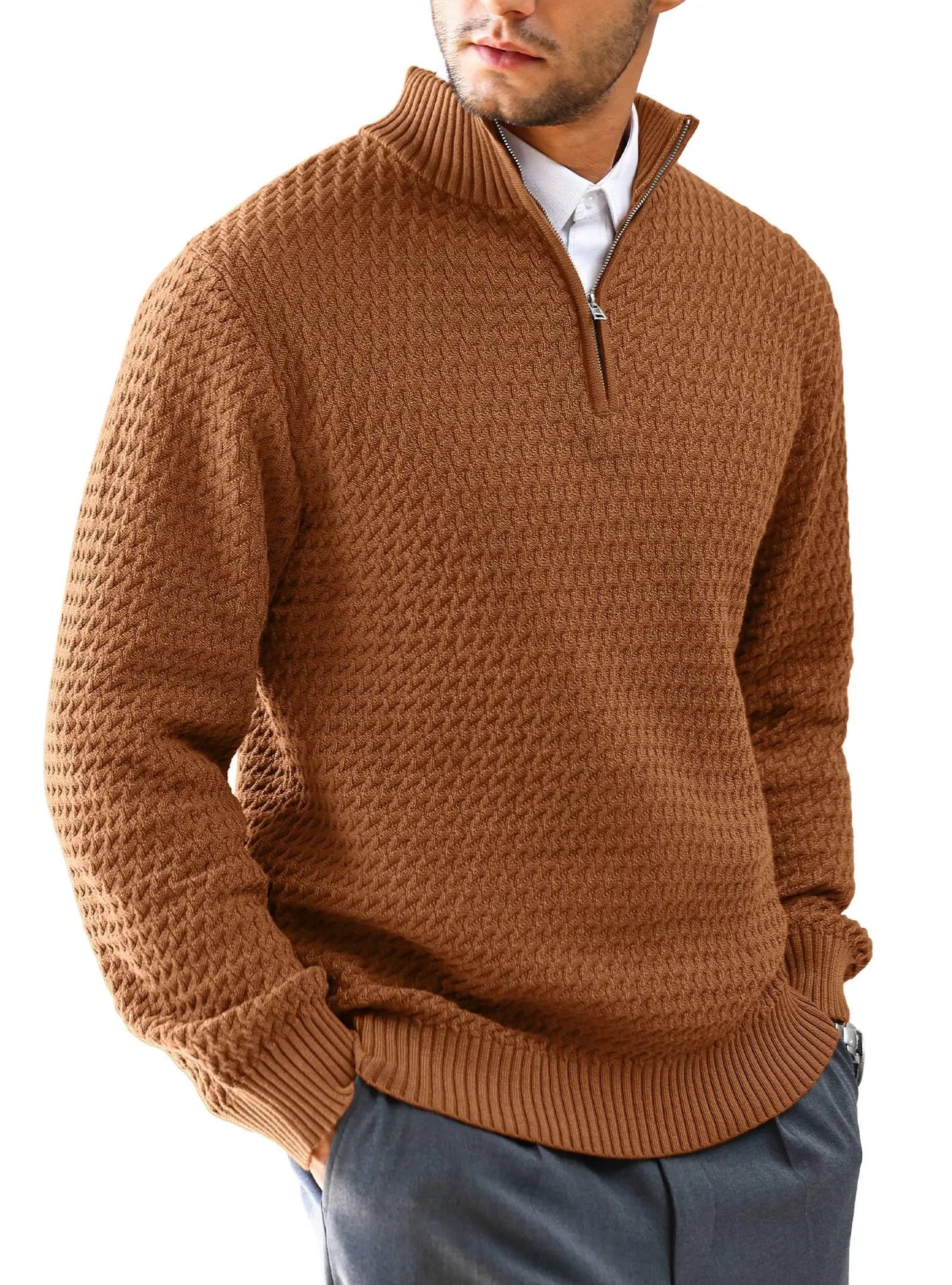 Men's Sweater Winter Casual Knitted Zip Sweater Mock Neck Pullover Ribbed Knit Casual Pure Color Soft Sweaters US Size