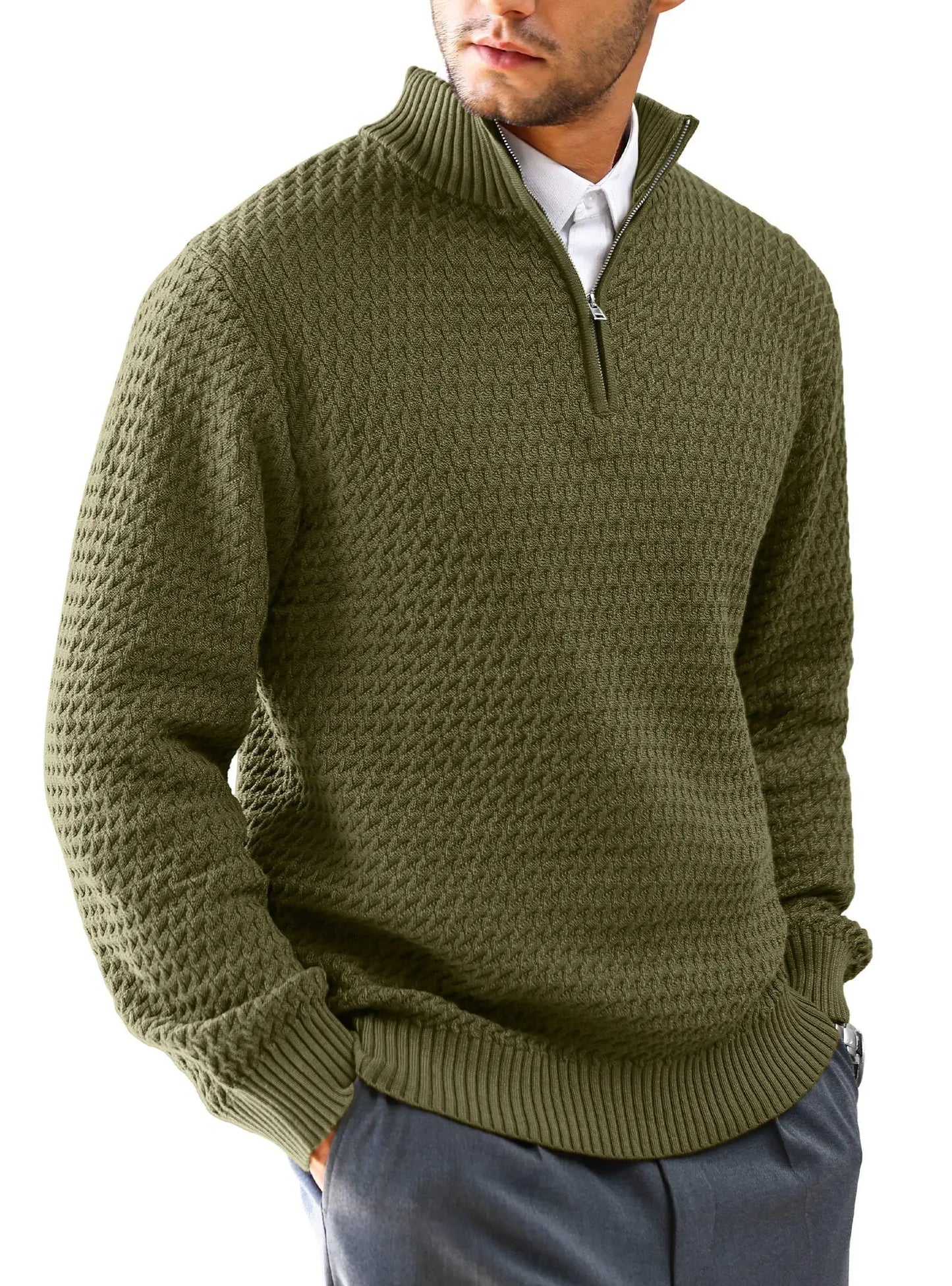 Men's Sweater Winter Casual Knitted Zip Sweater Mock Neck Pullover Ribbed Knit Casual Pure Color Soft Sweaters US Size