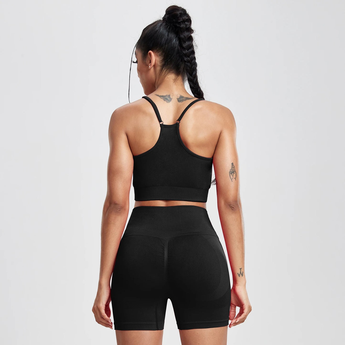 Solid Women Two Piece Sets Peach Buttocks Shorts Female Trackuists Gym Set Halter Fitness Shorts Push Up Bra Summer