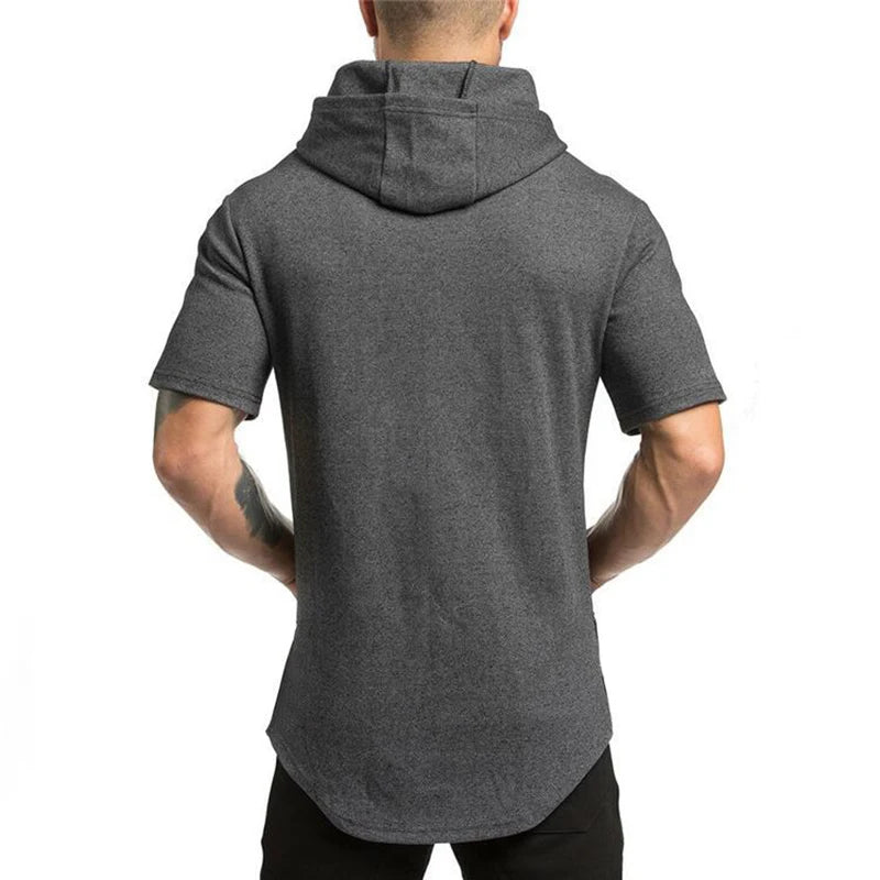 Gym Bodybuilding Fashion Hooded T-Shirt Mens Sport Short Sleeve Fitness Muscle Shirt Slim Fit Cotton Breathable Workout Hoodie