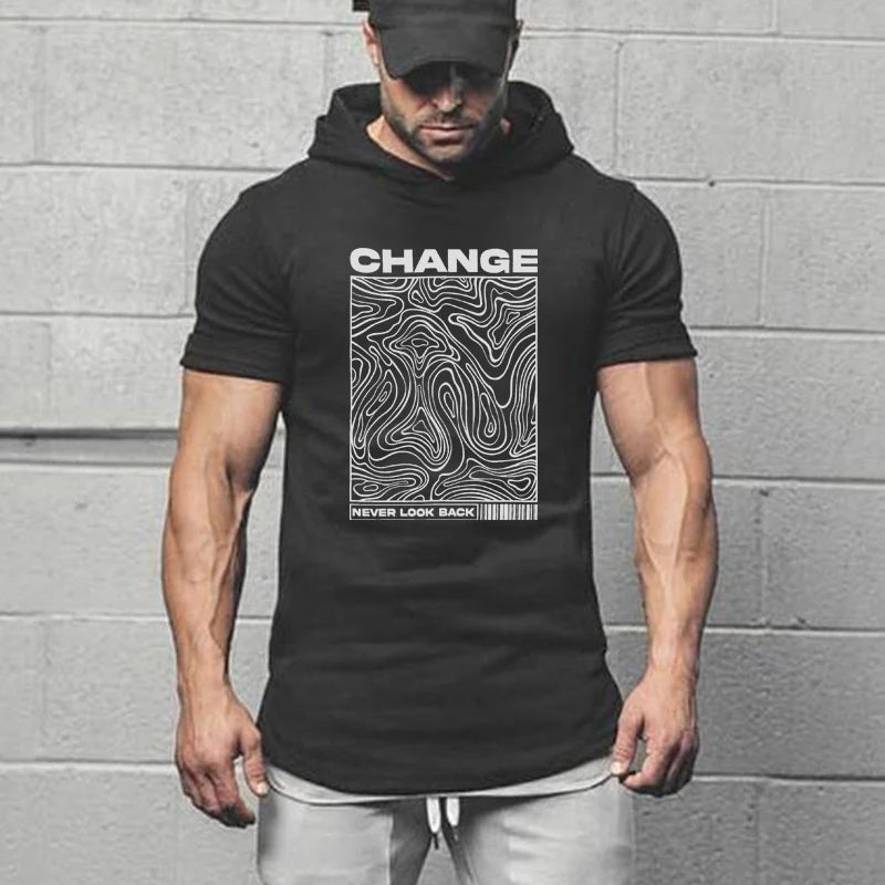 Gym Bodybuilding Fashion Hooded T-Shirt Mens Sport Short Sleeve Fitness Muscle Shirt Slim Fit Cotton Breathable Workout Hoodie