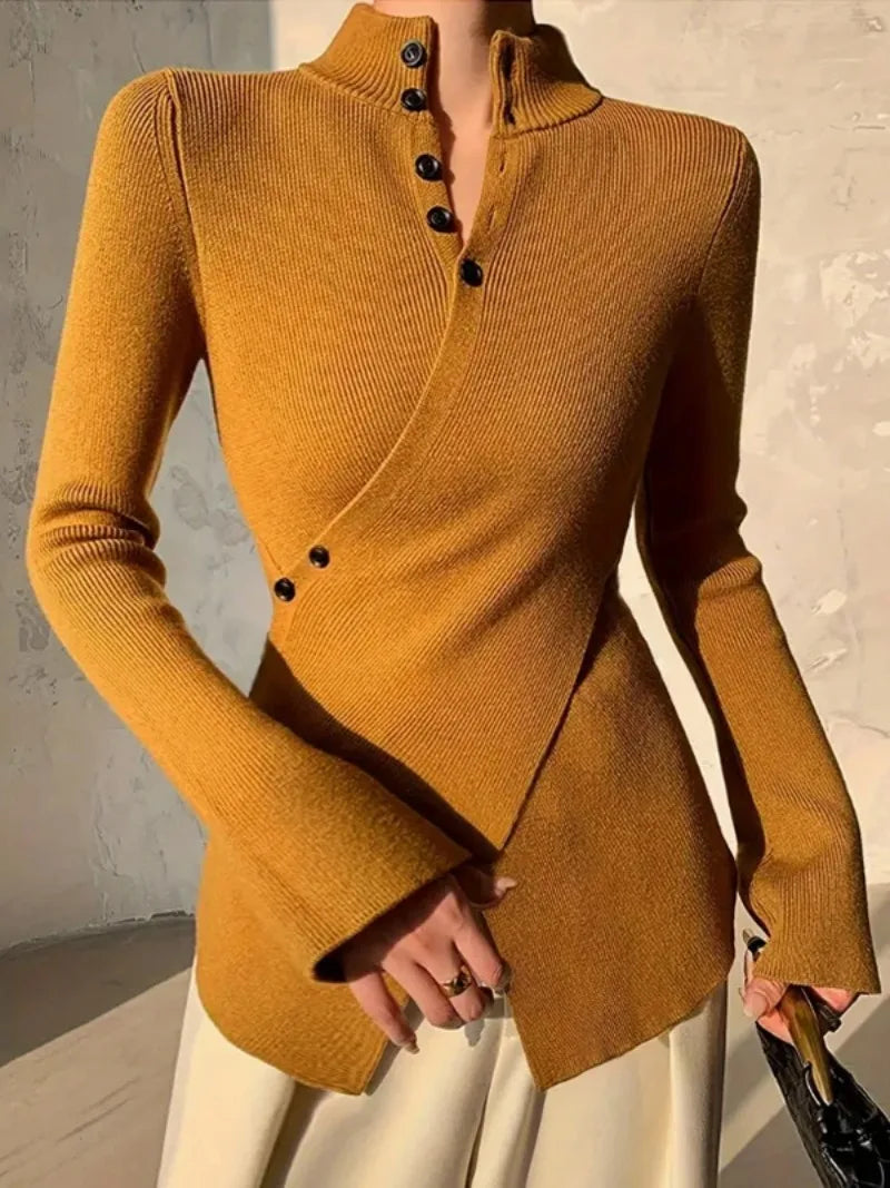 Gymystars V-neck Sweater Women's Skinny Knitted T-shirt 2025 New Solid Color Asymmetric Long Sleeves Elegant Pullovers Female