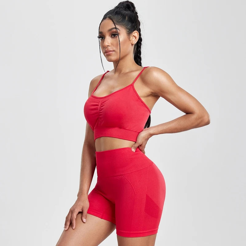 Solid Women Two Piece Sets Peach Buttocks Shorts Female Trackuists Gym Set Halter Fitness Shorts Push Up Bra Summer