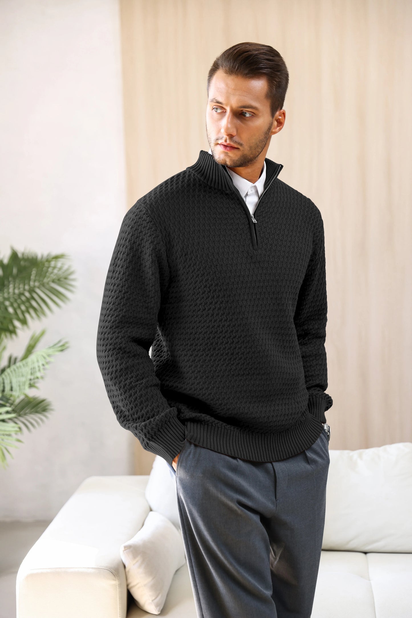 Men's Sweater Winter Casual Knitted Zip Sweater Mock Neck Pullover Ribbed Knit Casual Pure Color Soft Sweaters US Size
