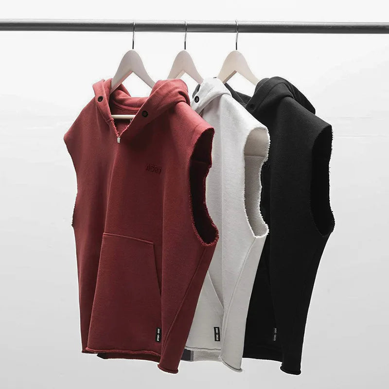 Gyms Mens Multi-pocket Bodybuilding Cotton Sleeveless Hooded Casual Biker Vest Sweatshirt Fitness Workout Sportswear Tops Male
