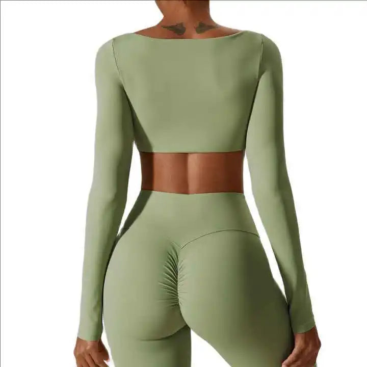 SHINBENE High Elastic Fitness Crop Top Women Long Sleeve Square Neck Top Padded Workout Yoga Tight Tops 5.0 (3 reviews) 1 sold