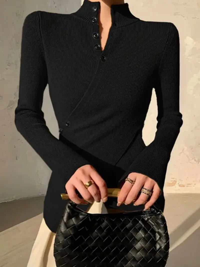 Gymystars V-neck Sweater Women's Skinny Knitted T-shirt 2025 New Solid Color Asymmetric Long Sleeves Elegant Pullovers Female